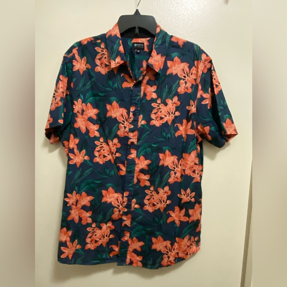 Matix Mens Button Down Shirt XL Tropical Hawaiian Orange Flowers Blue Green